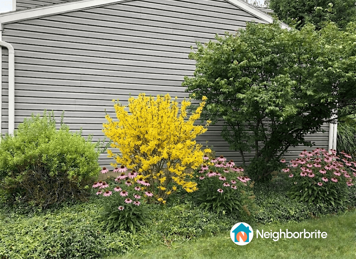 Colorful garden with forsythia and cone flowers near a wall.