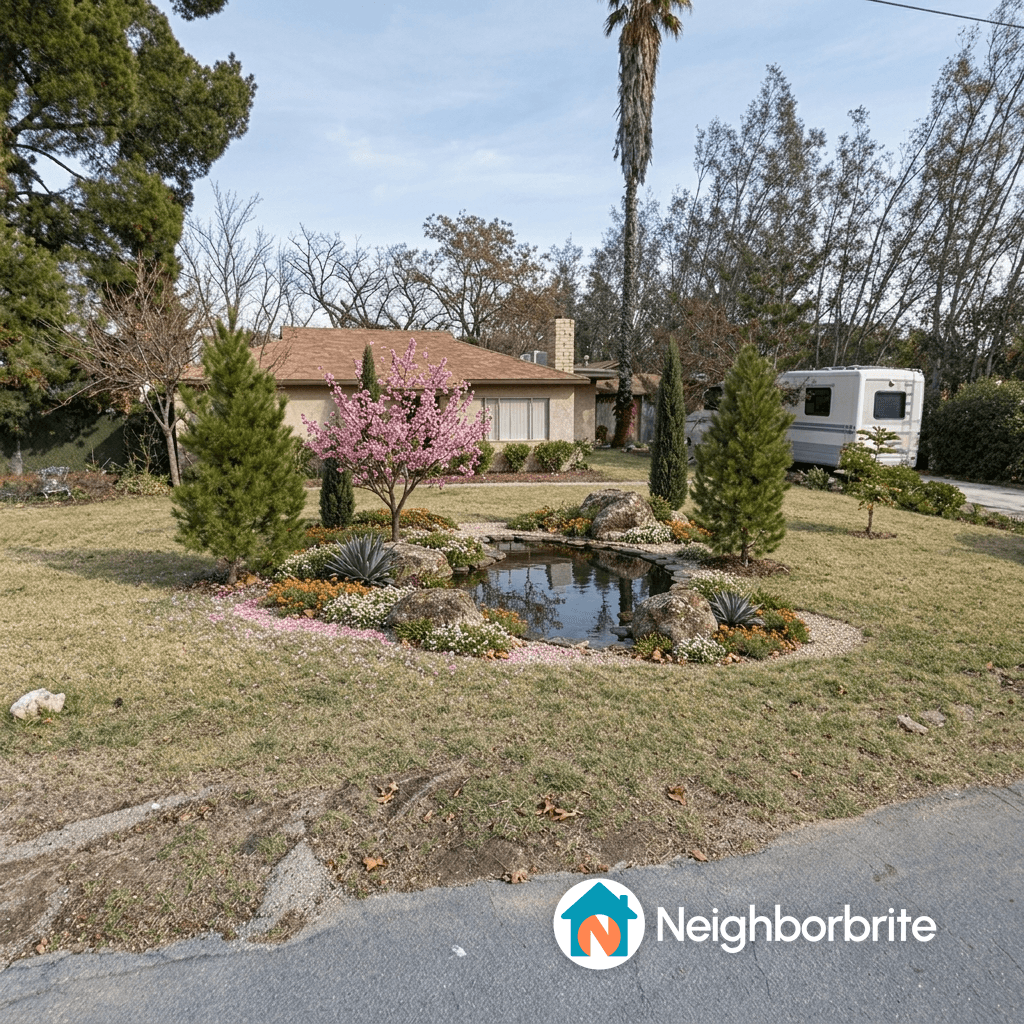 A landscaped yard with a pond, flowers, and trees, seeking ground cover alternatives.