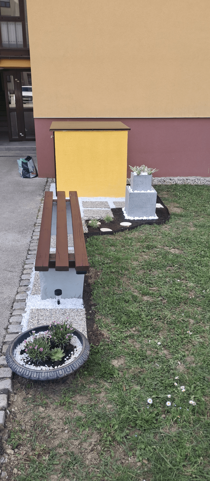 A yard with a bench, planters, and a request for rock placement ideas.