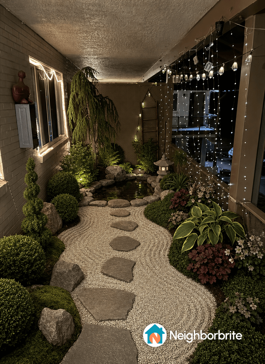 A beautifully landscaped garden with stones, plants, and a pond.