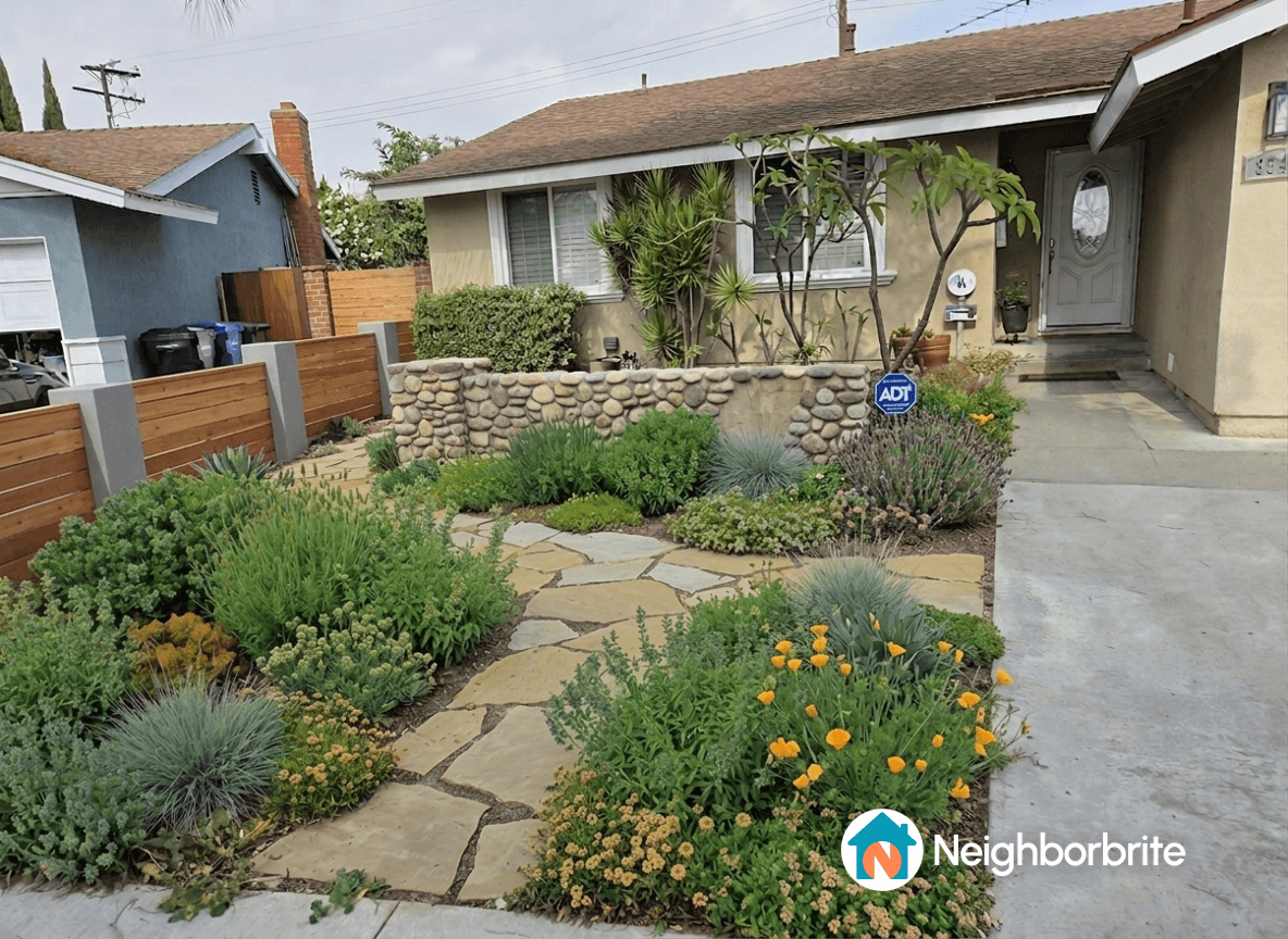 A front yard with stone pathways and various shrubs and plants.