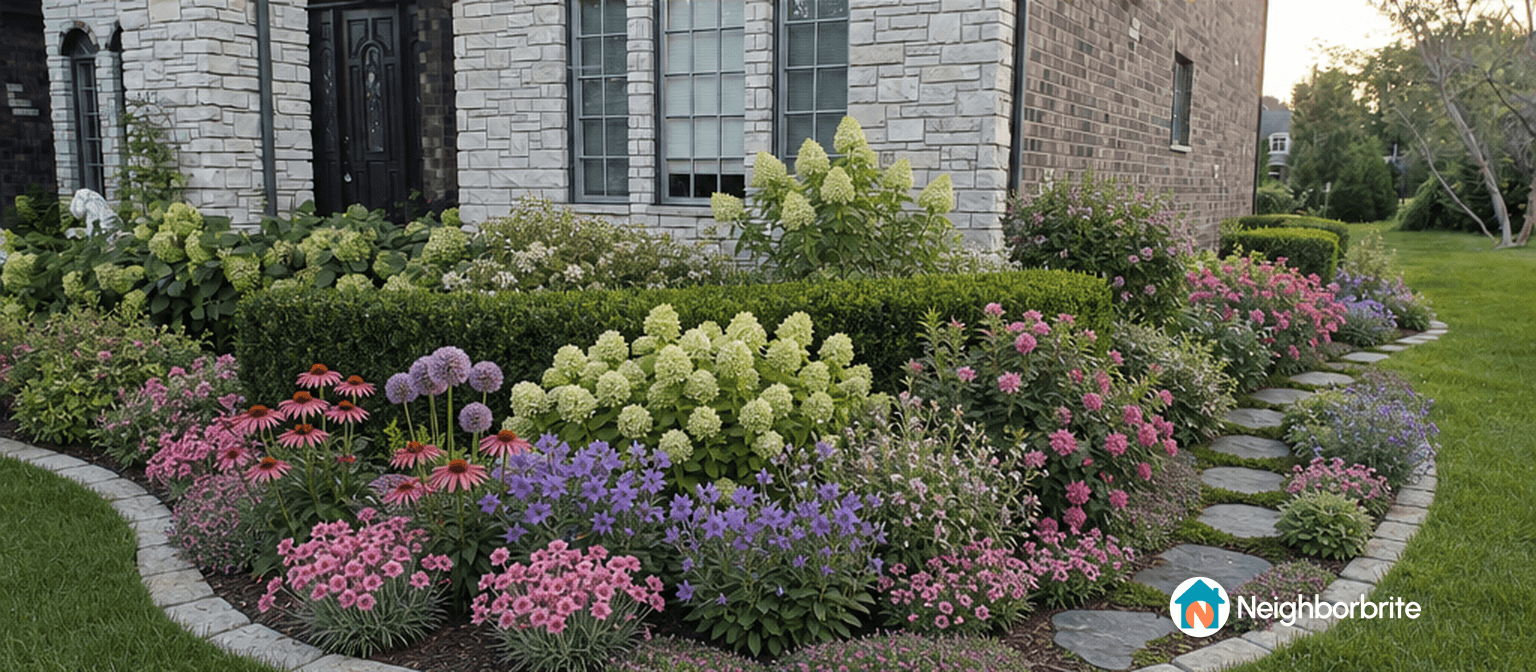 Colorful flower garden with stone path beside a house.