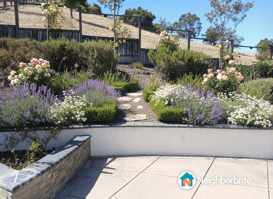 A vibrant garden with flowers and a stone pathway.