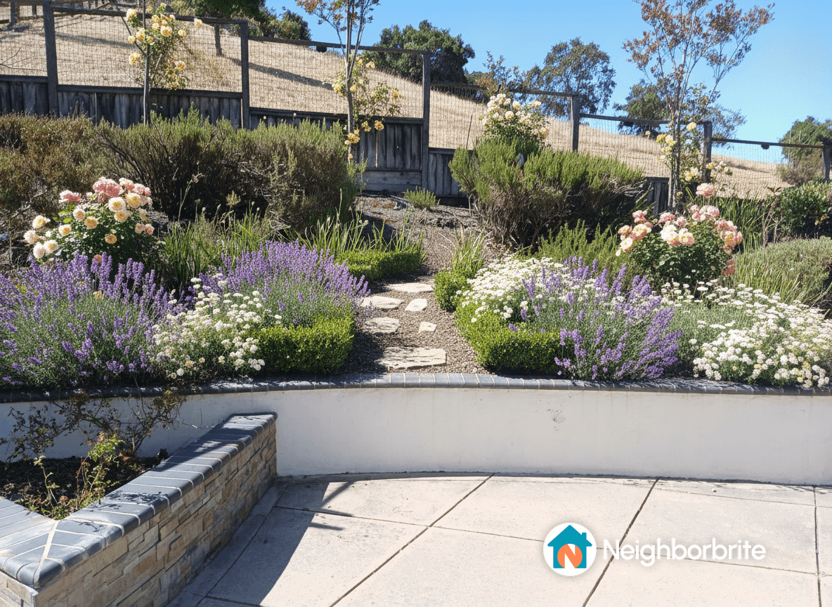 A vibrant garden with flowers and a stone pathway.