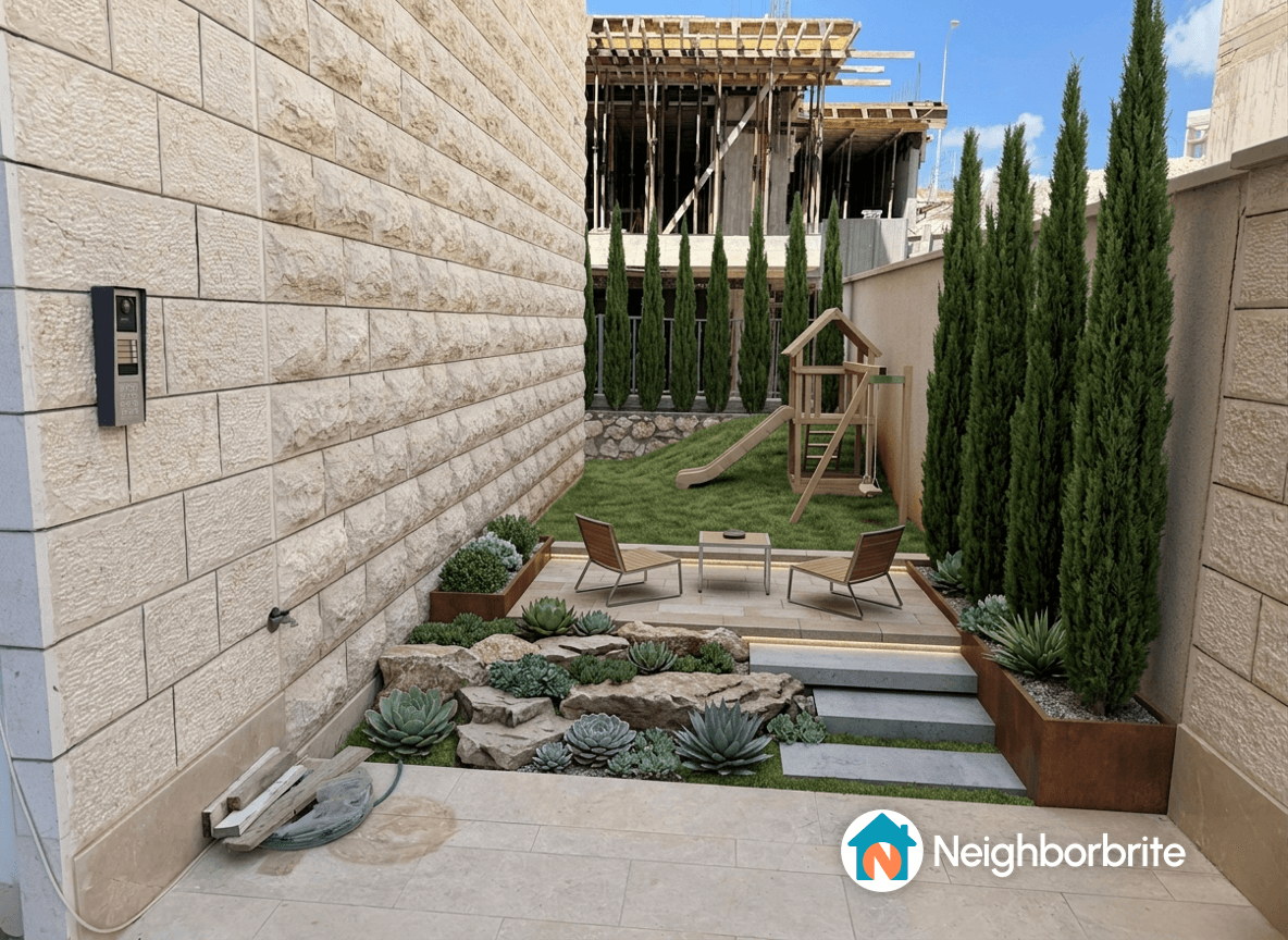 A backyard with stairs, seating, and a playset, needing adjustments.