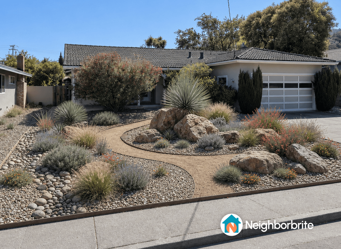 A well-designed desert landscape featuring rocks and various plants.