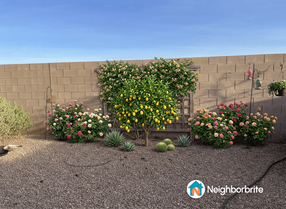 A backyard featuring a lemon tree, honeysuckle, and rose bushes.