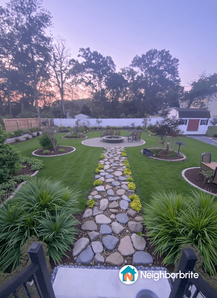 A beautifully landscaped backyard with a stone path and seating area.