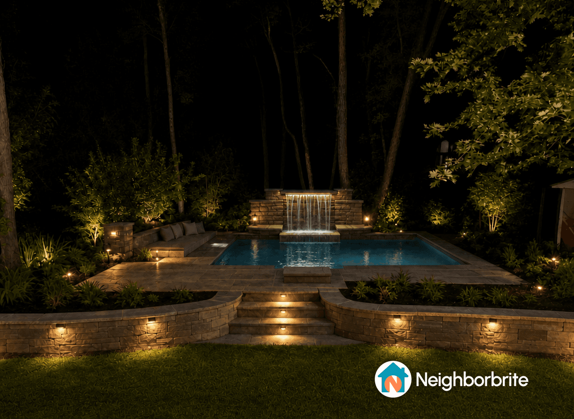 Illuminated pool area with waterfall and seating at night