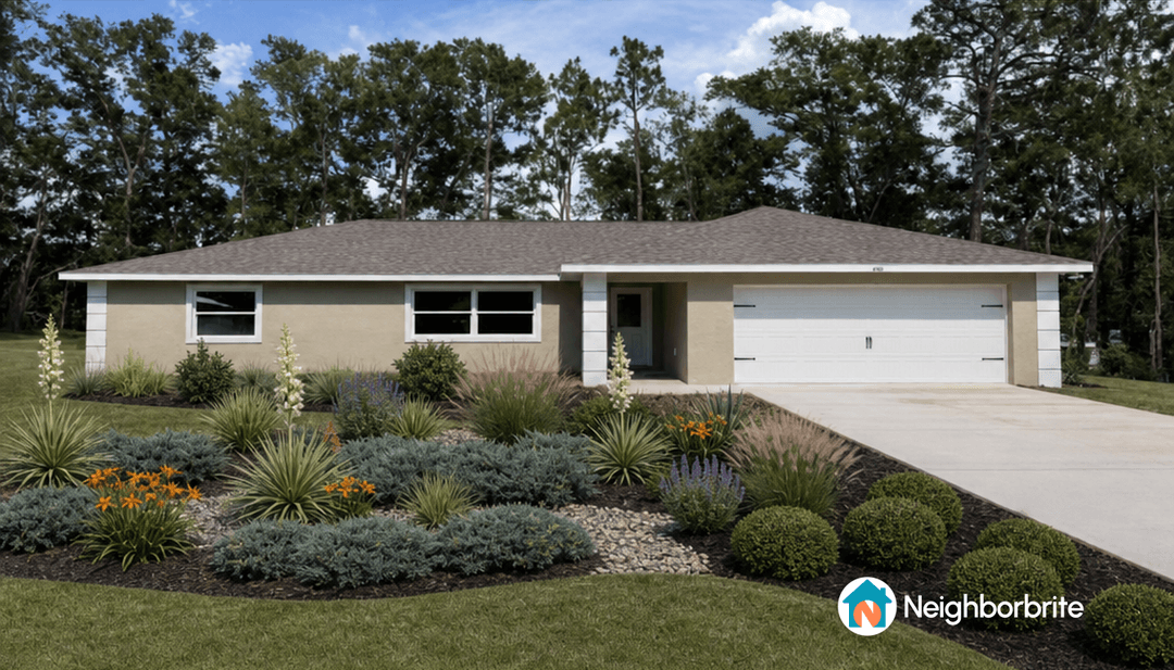 A modern home with landscaped yard featuring various plants and flowers.
