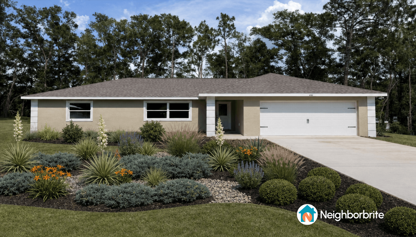 A modern home with landscaped yard featuring various plants and flowers.
