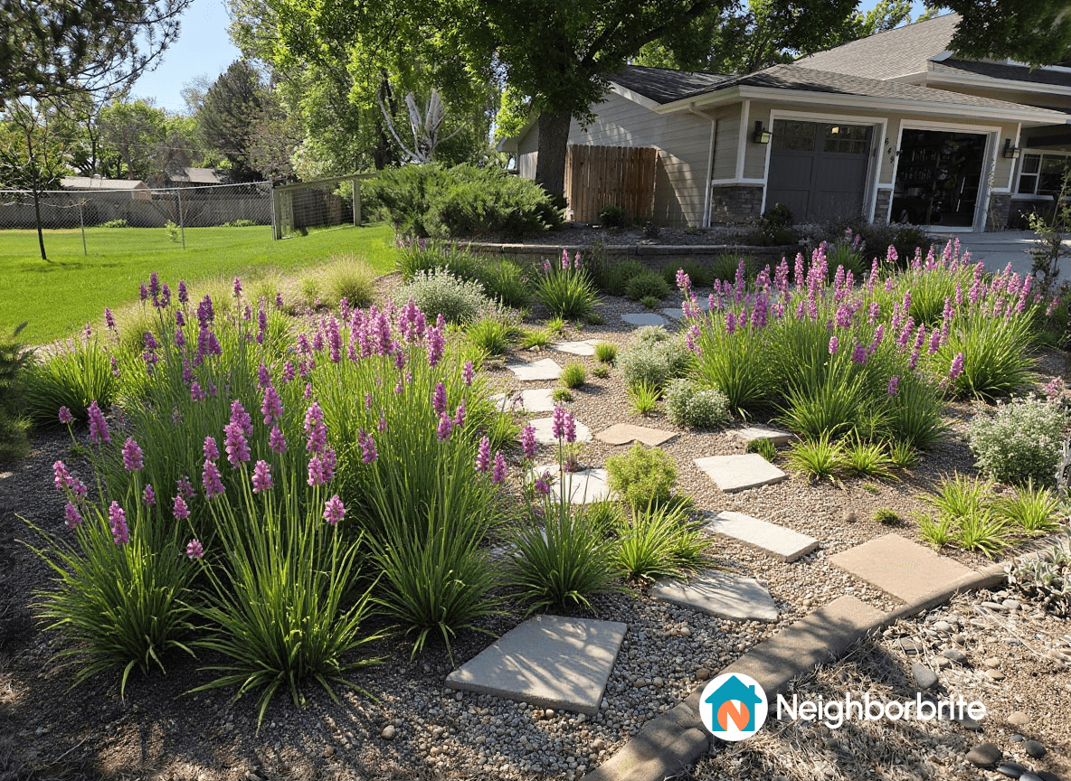 Colorful garden with pink flowers and stone pathway.