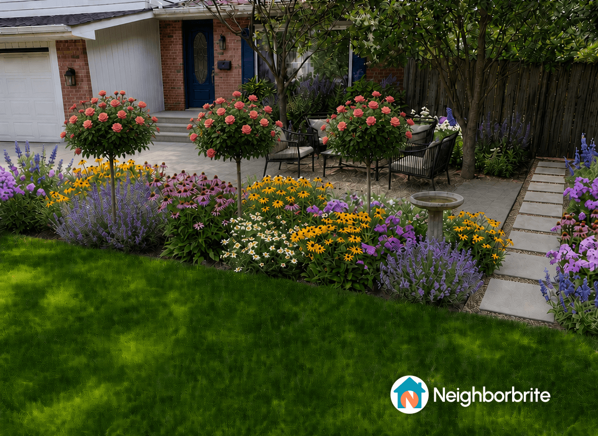 A vibrant garden with colorful flowers and decorative trees.