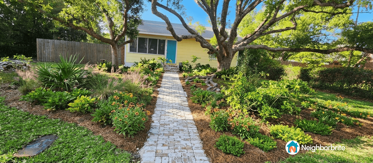 A landscaped yard with a stone path and colorful flowers.