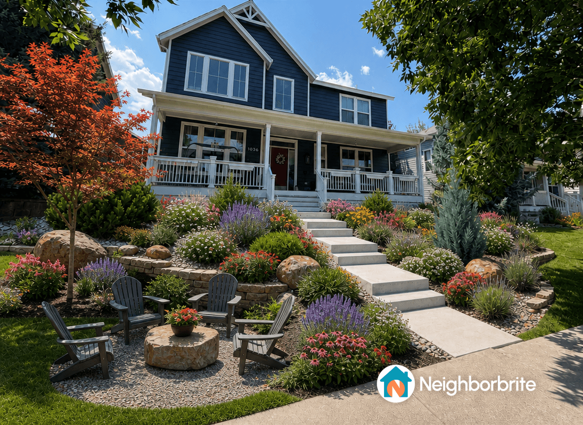 Beautifully landscaped yard with flowers, rocks, and seating area.