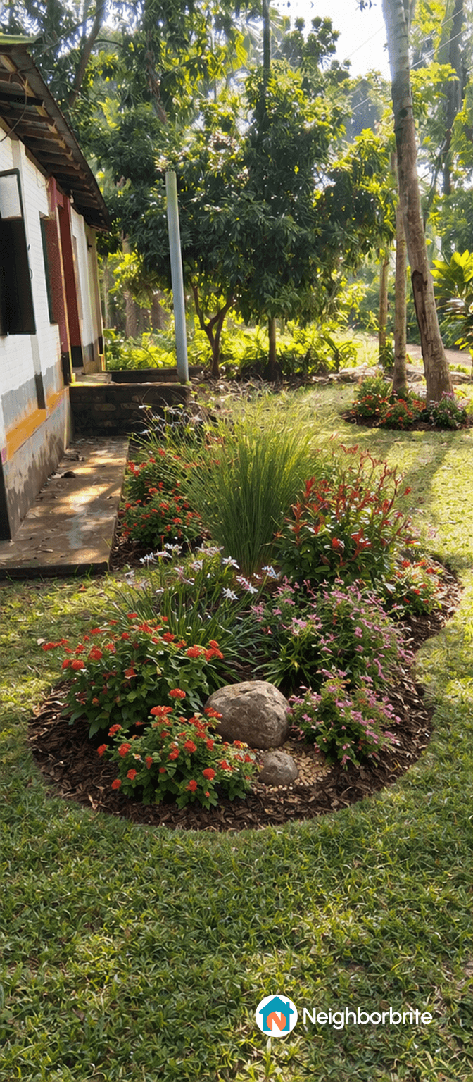 A vibrant garden with colorful flowers and greenery around a house.