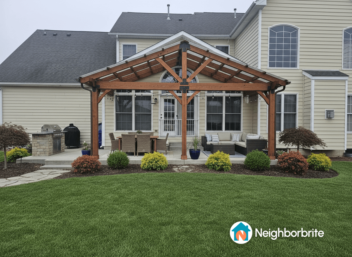 A beautifully designed patio with a wooden pergola and seating area.