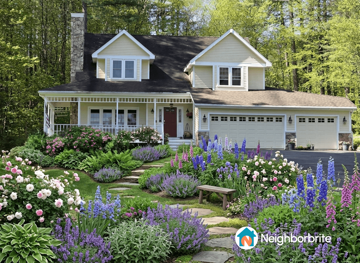 Beautiful home with vibrant flower garden and stone path.