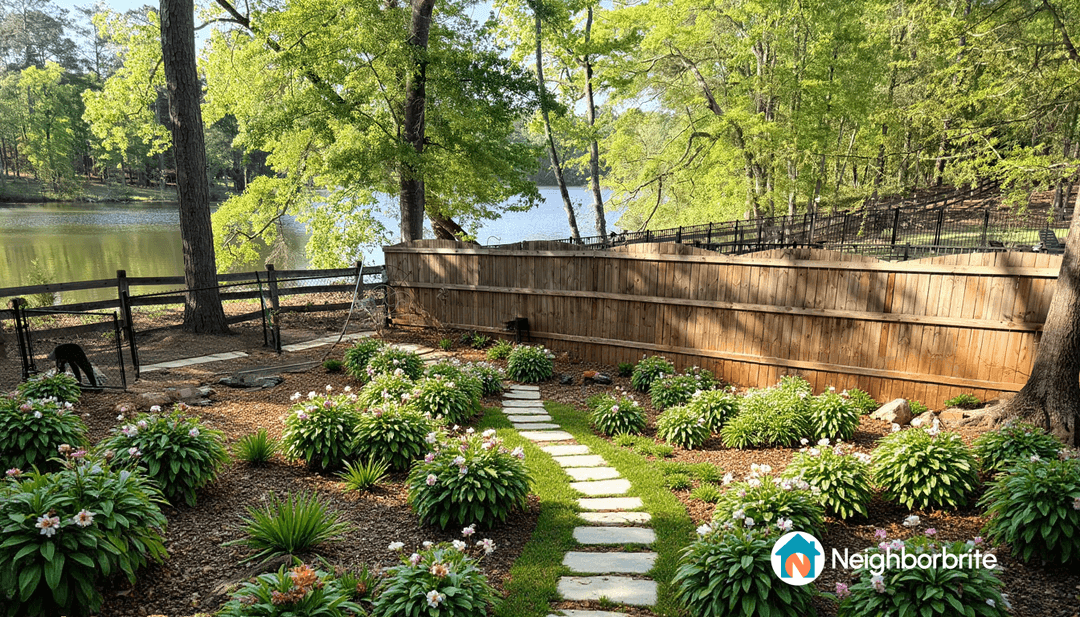 A garden with zinnias and a bench near a pond, surrounded by trees.