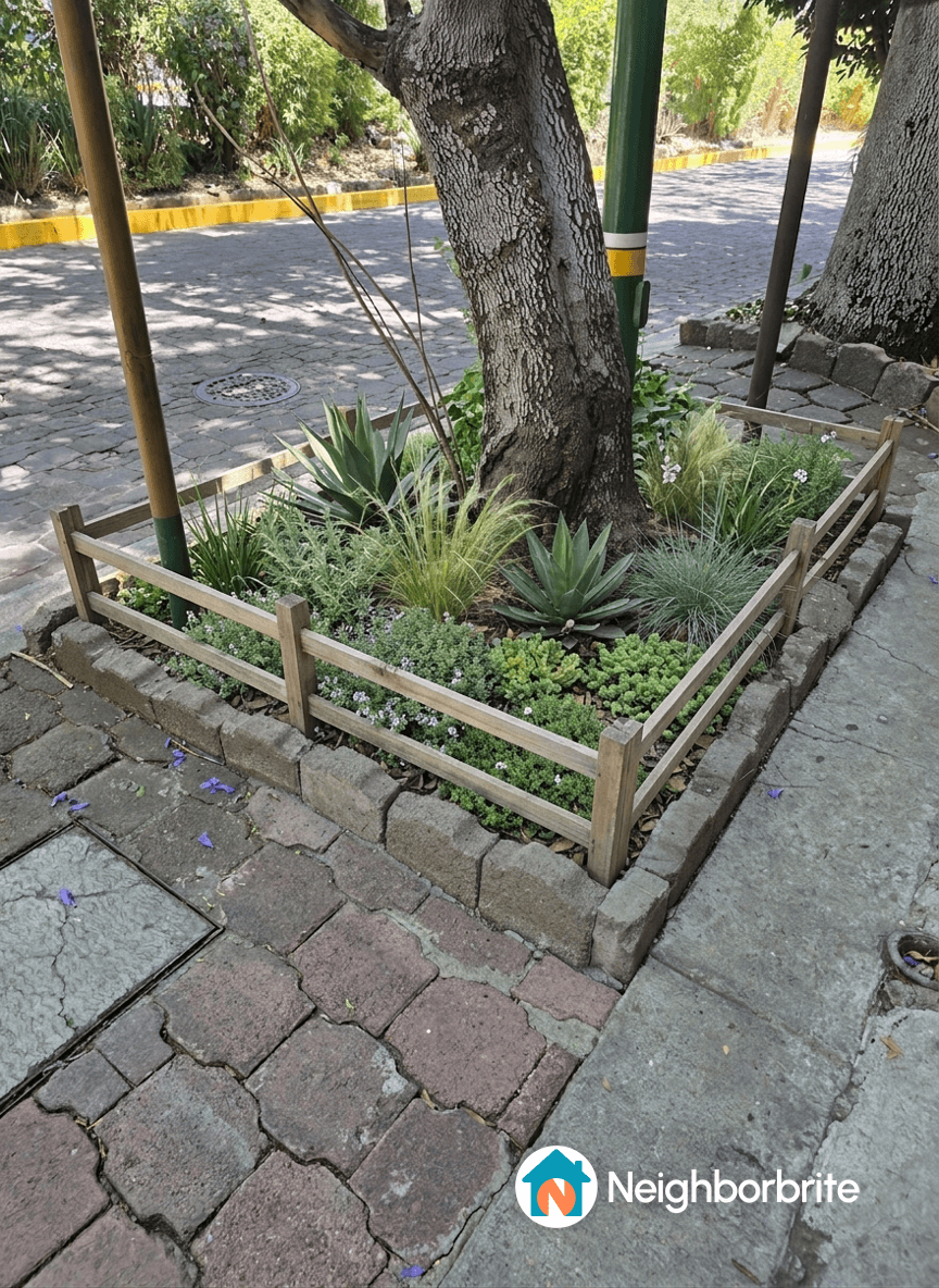 A landscaped area with various plants around a tree in Mexico City.