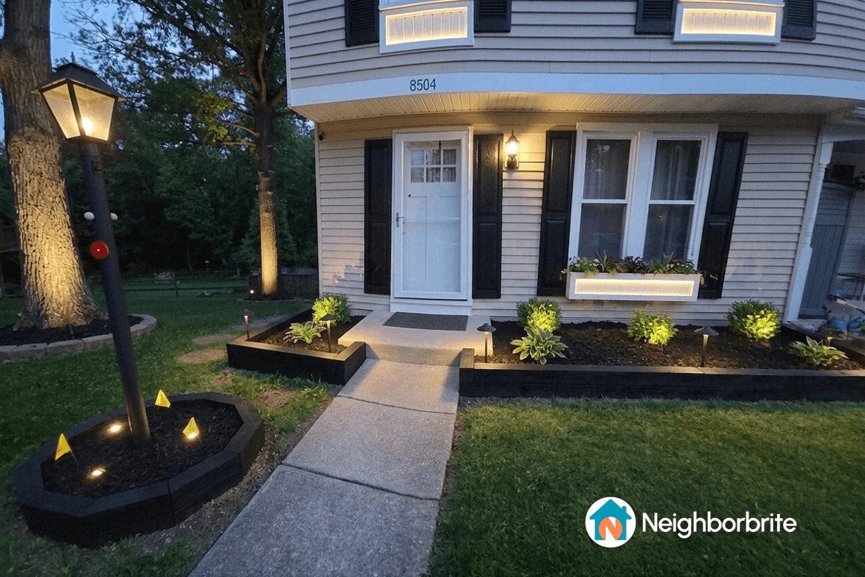 A well-lit front yard with mulch beds and decorative borders.