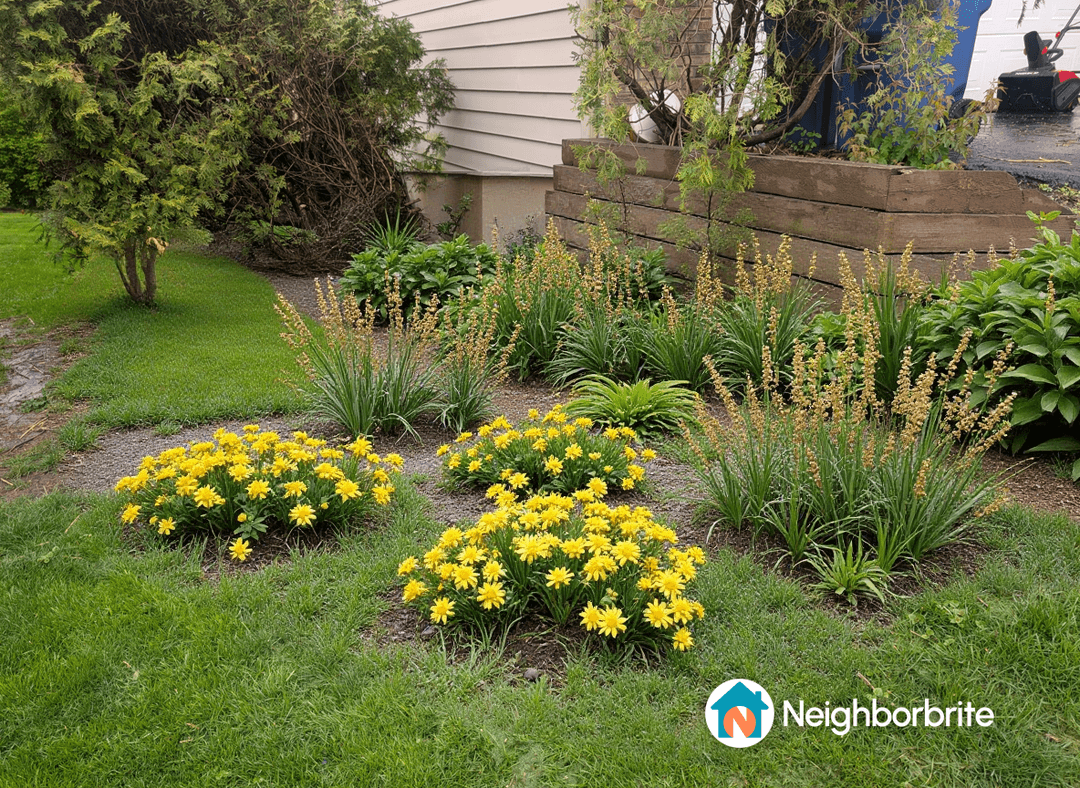 Colorful flower beds with yellow flowers and greenery.