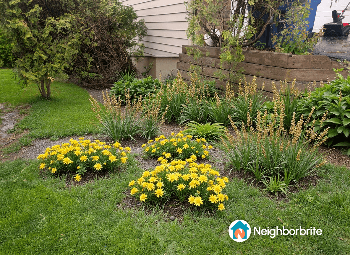 Colorful flower beds with yellow flowers and greenery.