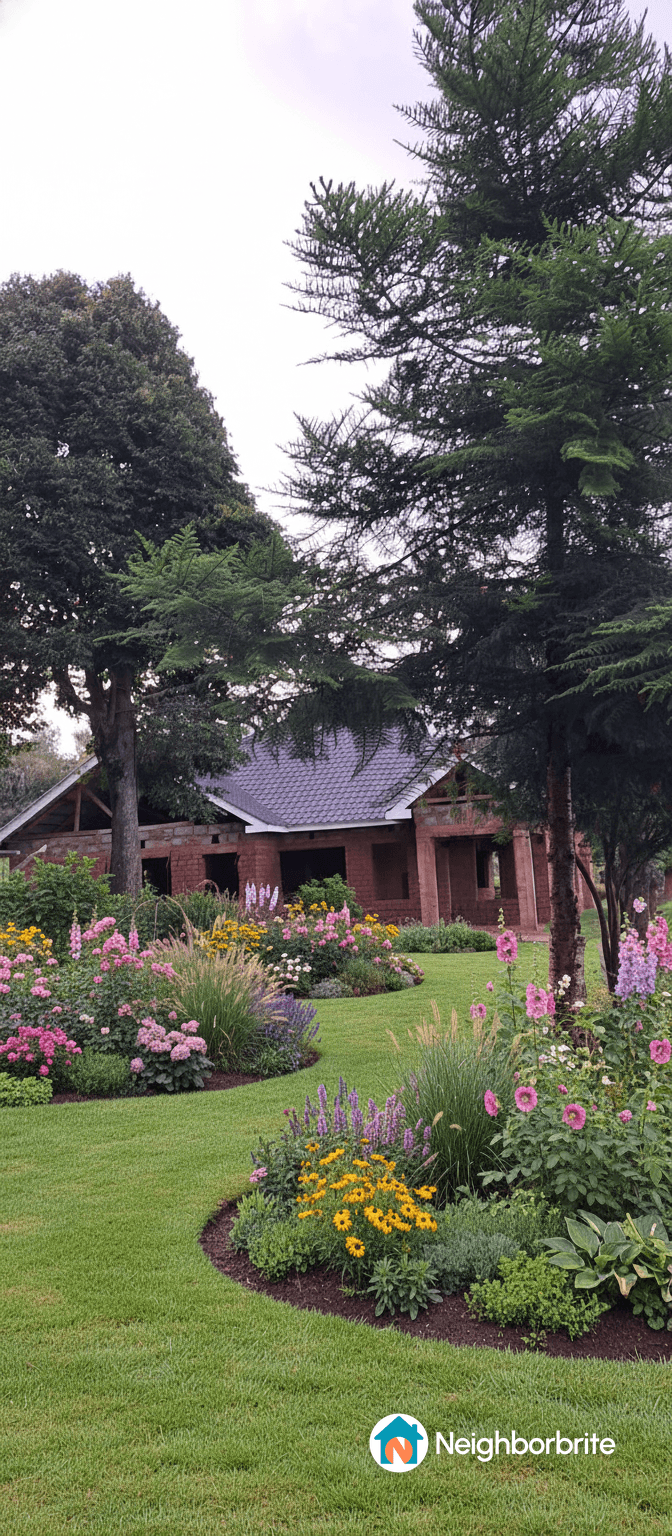 Lush garden with colorful flowers and trees in Bomet, Kenya.