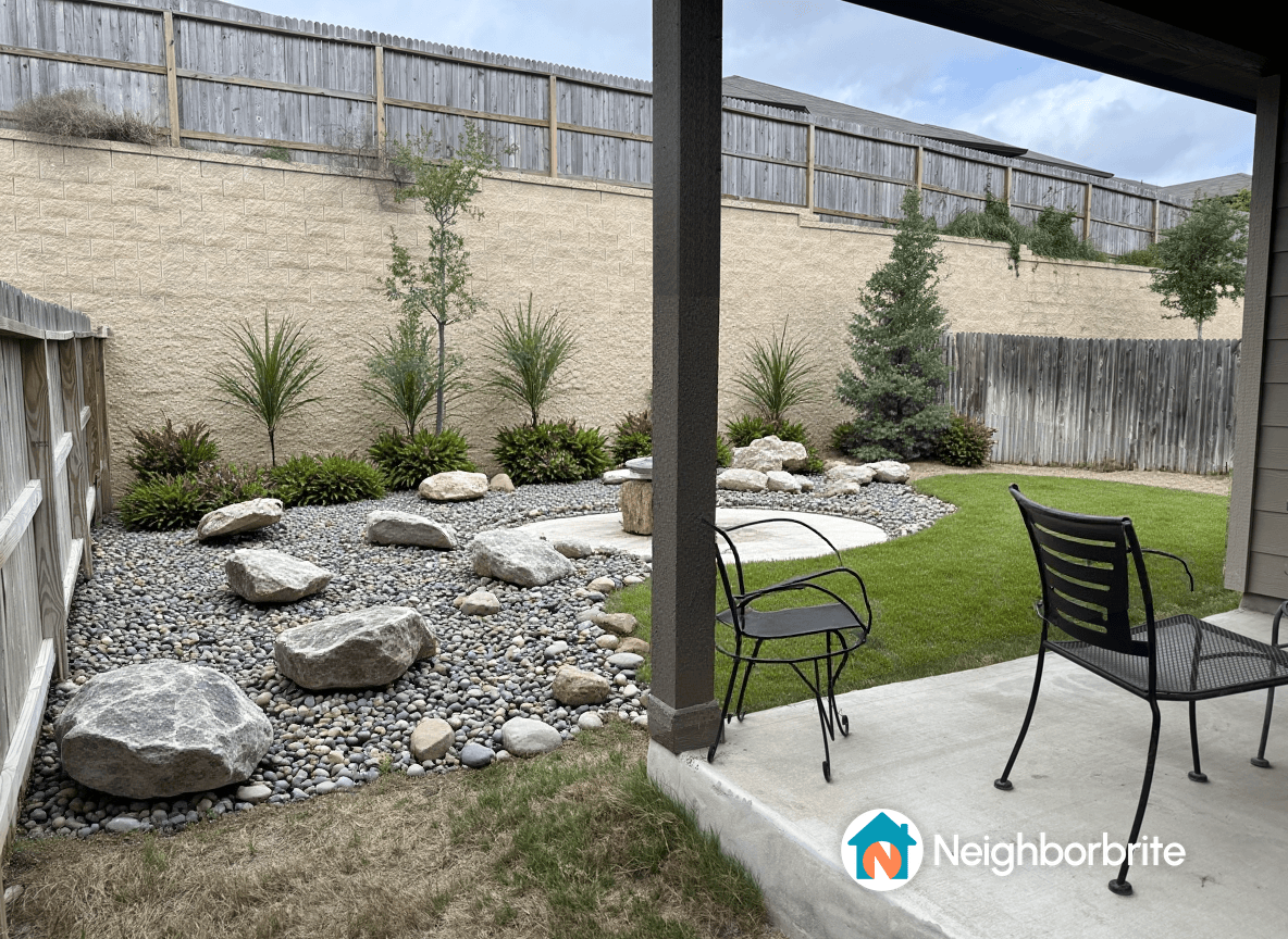 A landscaped yard with rocks, plants, and a seating area.