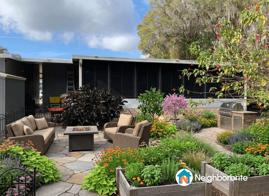 A vibrant garden with seating area, flowers, and greenery.