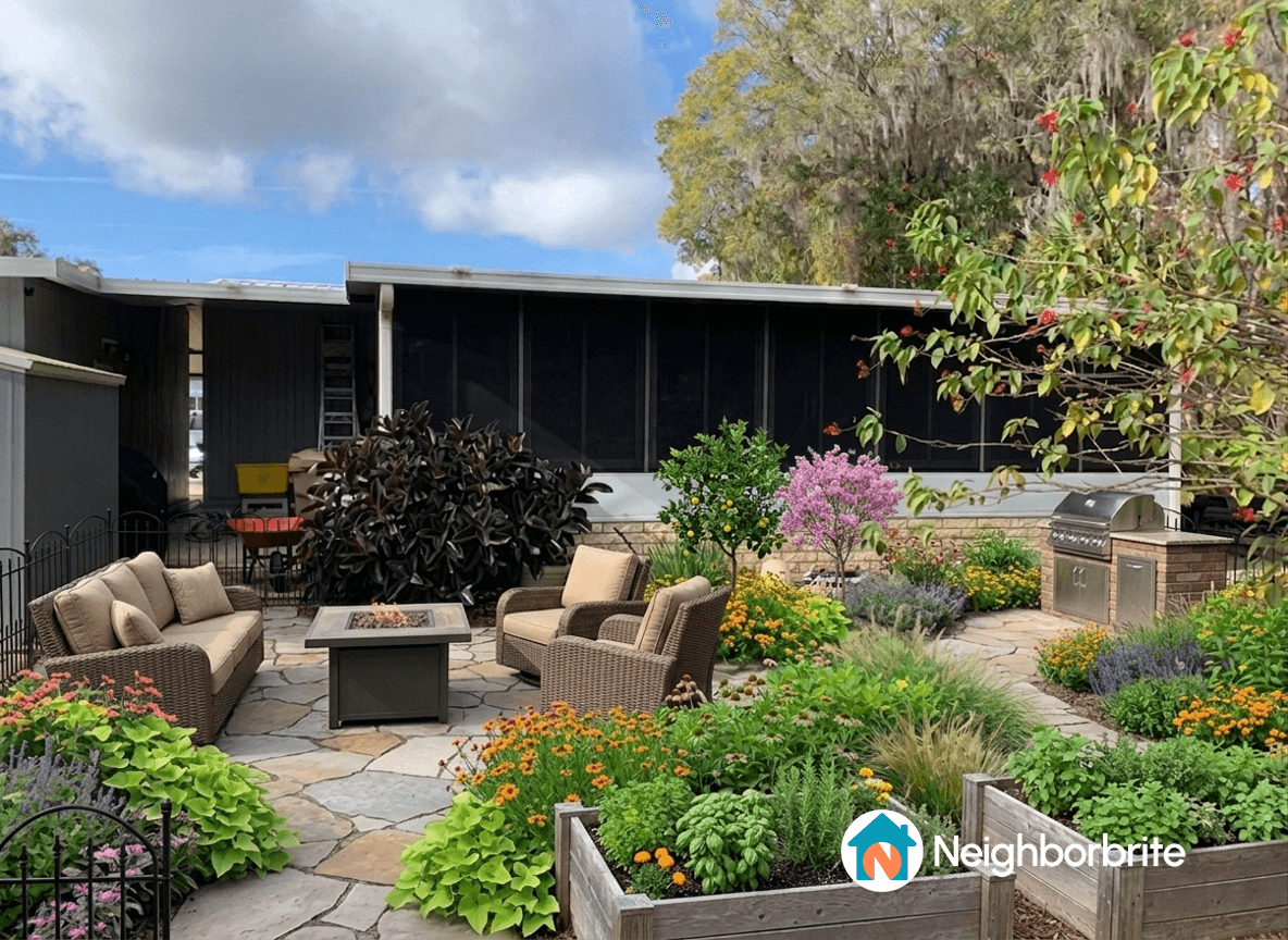 A vibrant garden with seating area, flowers, and greenery.