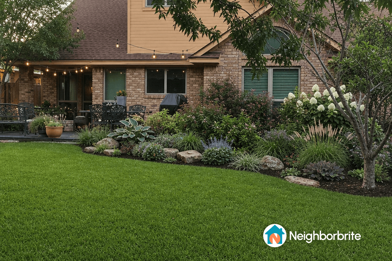 A lush green lawn with vibrant flower beds and cozy seating area.