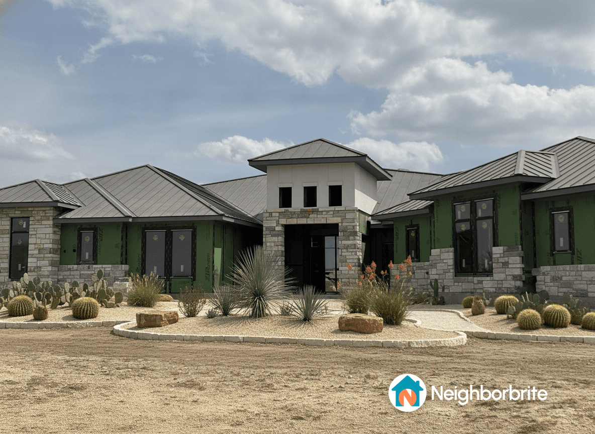 Front view of a modern home with landscaping and cactus plants.
