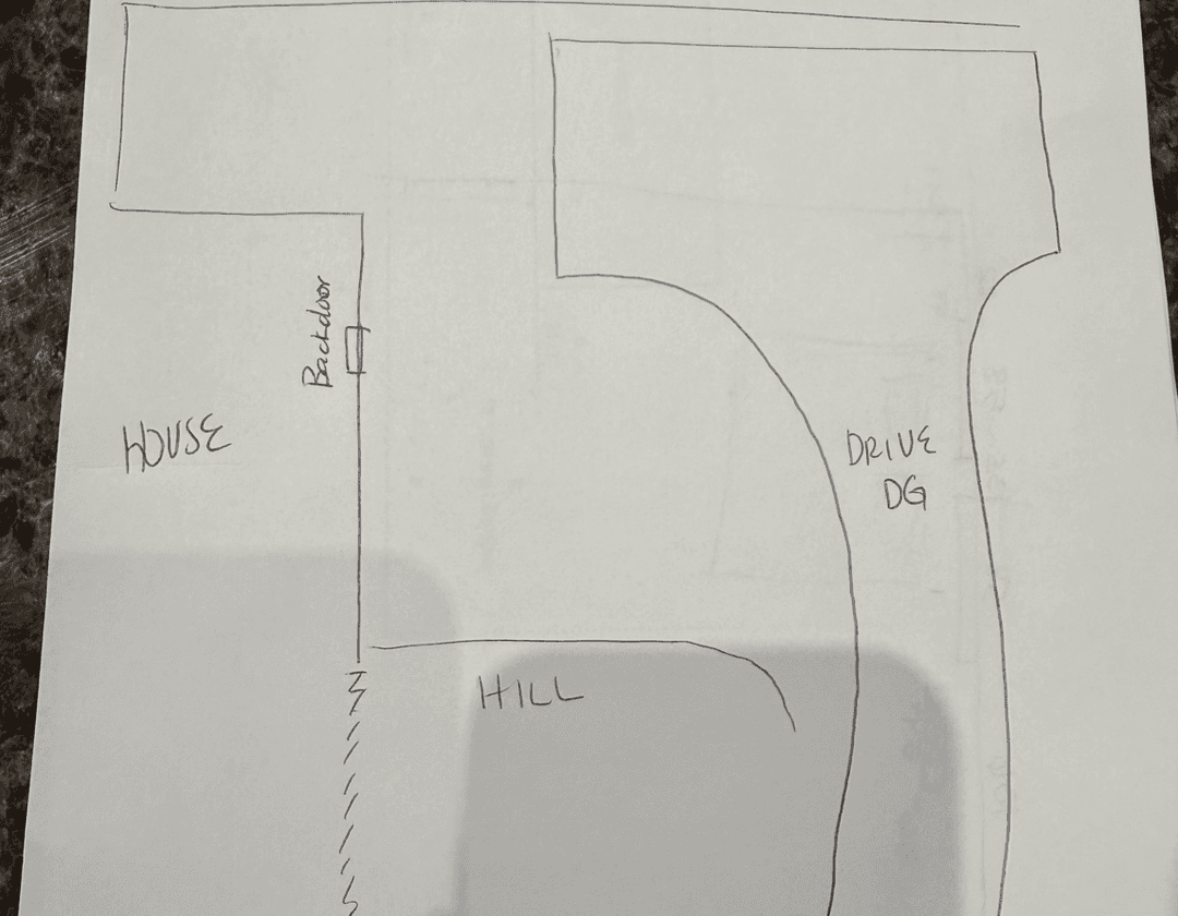 Sketch of an open backyard layout with a decomposed granite driveway.