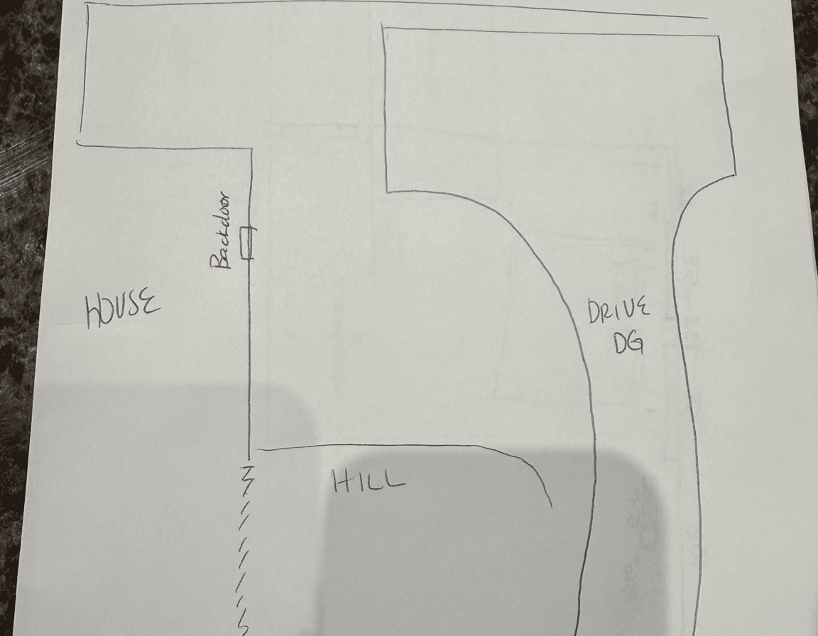 Sketch of an open backyard layout with a decomposed granite driveway.