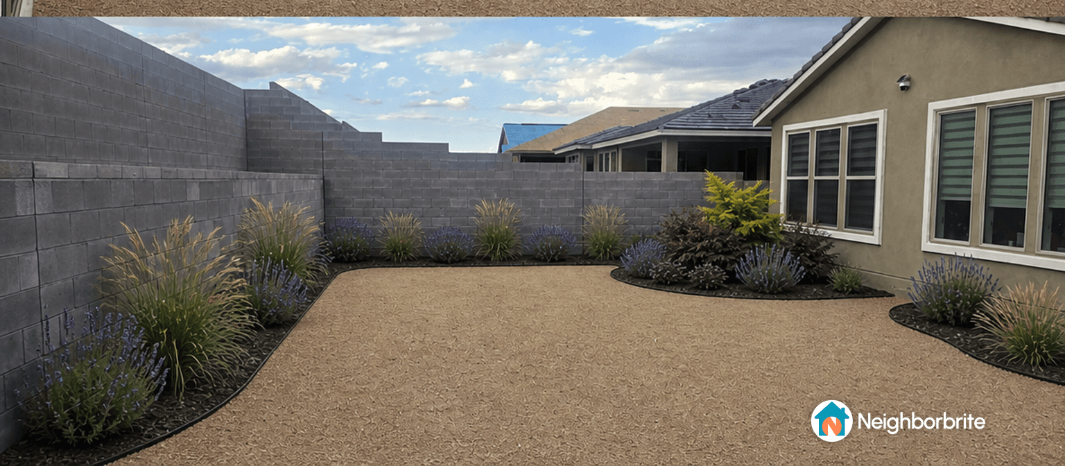 A landscaped yard with plants, gravel, and a suggestion for a gazebo and seating.