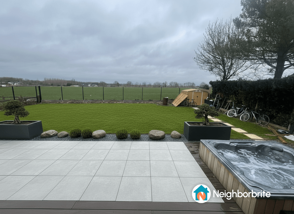 View of a patio with potential for a pergola and hedges.