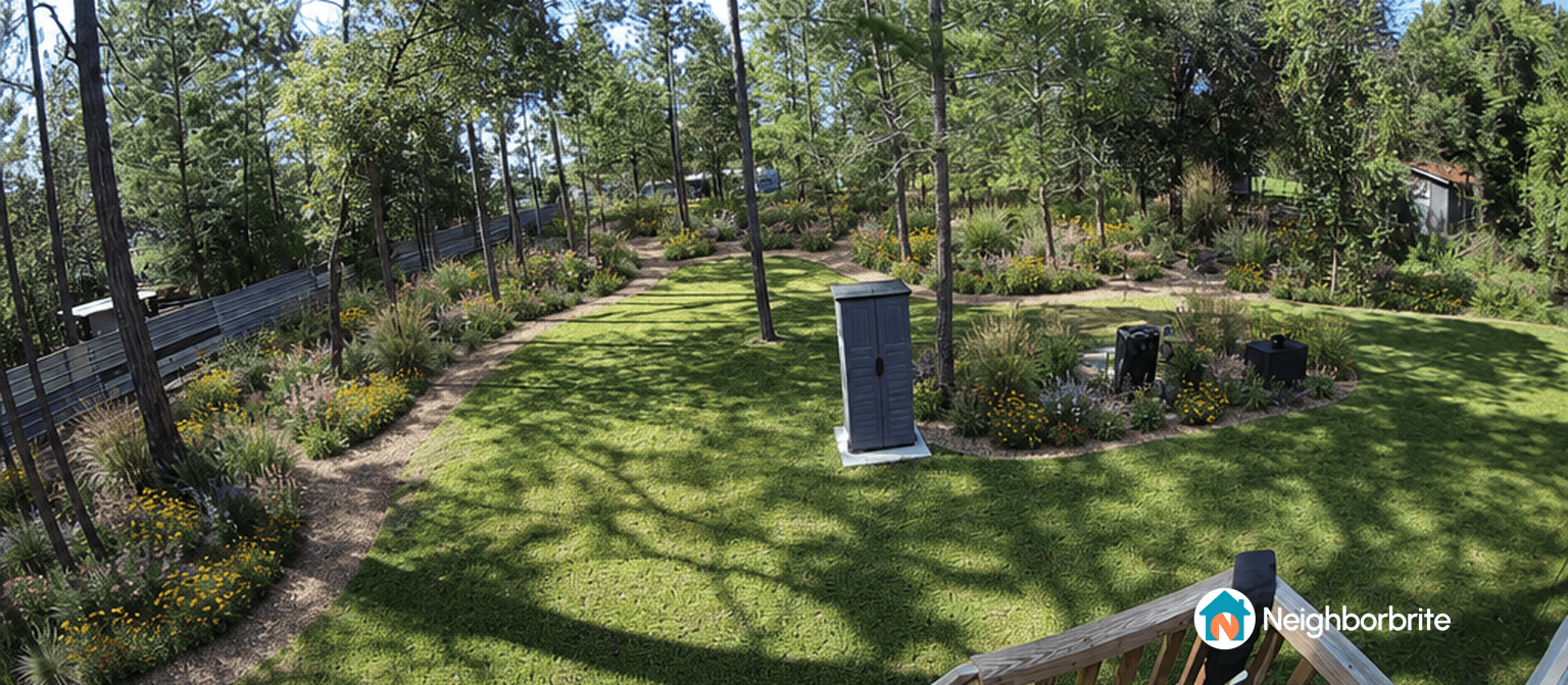A landscaped yard with various plants and pathways.