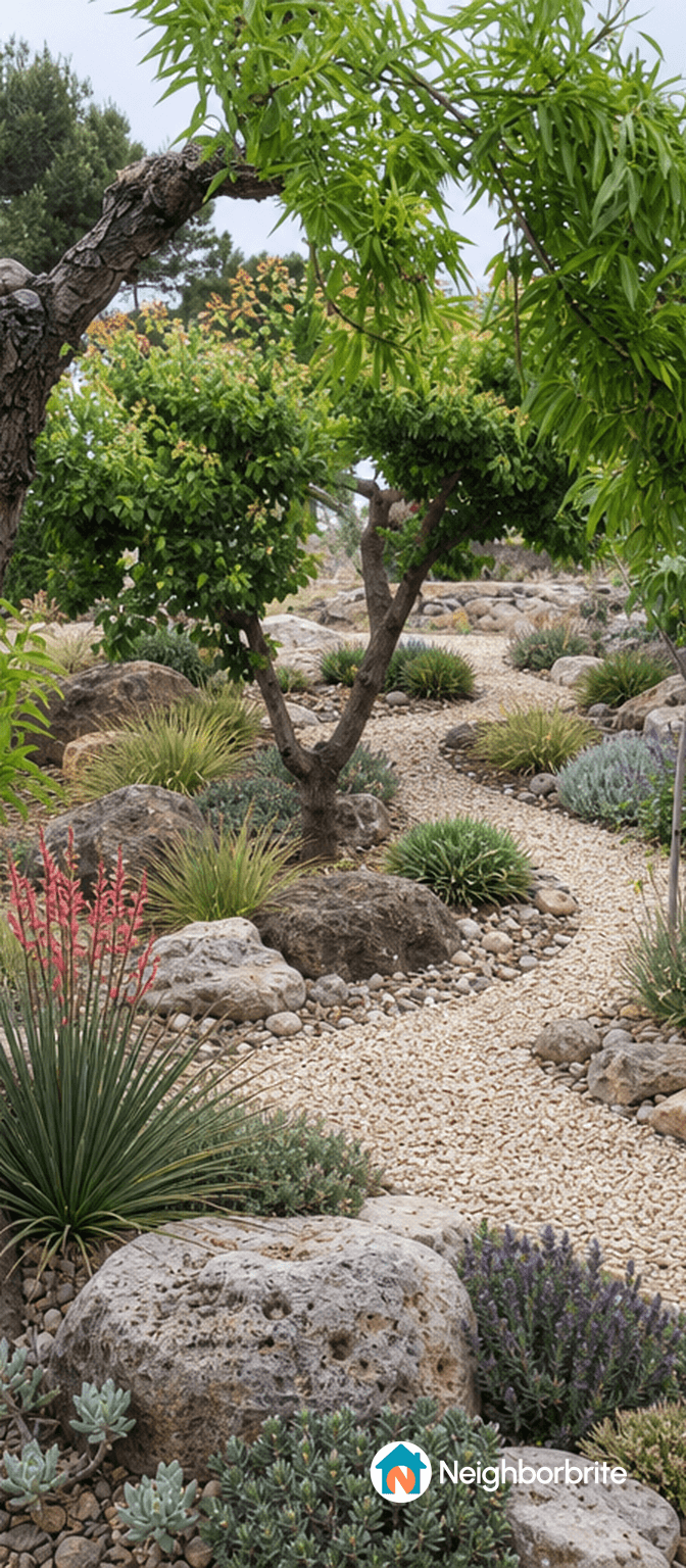 A landscaped garden with rocks, plants, and a winding path.