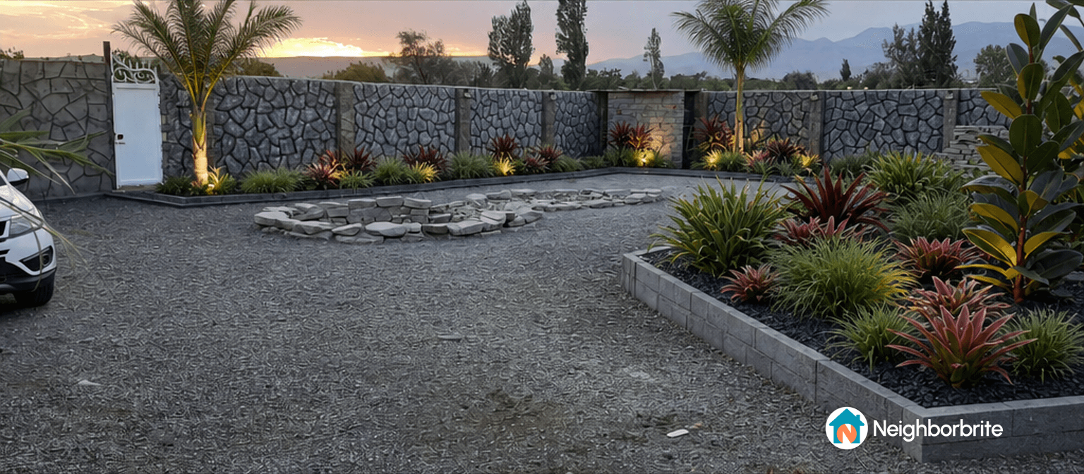 A landscaped yard with stone walls, plants, and a sunset backdrop.