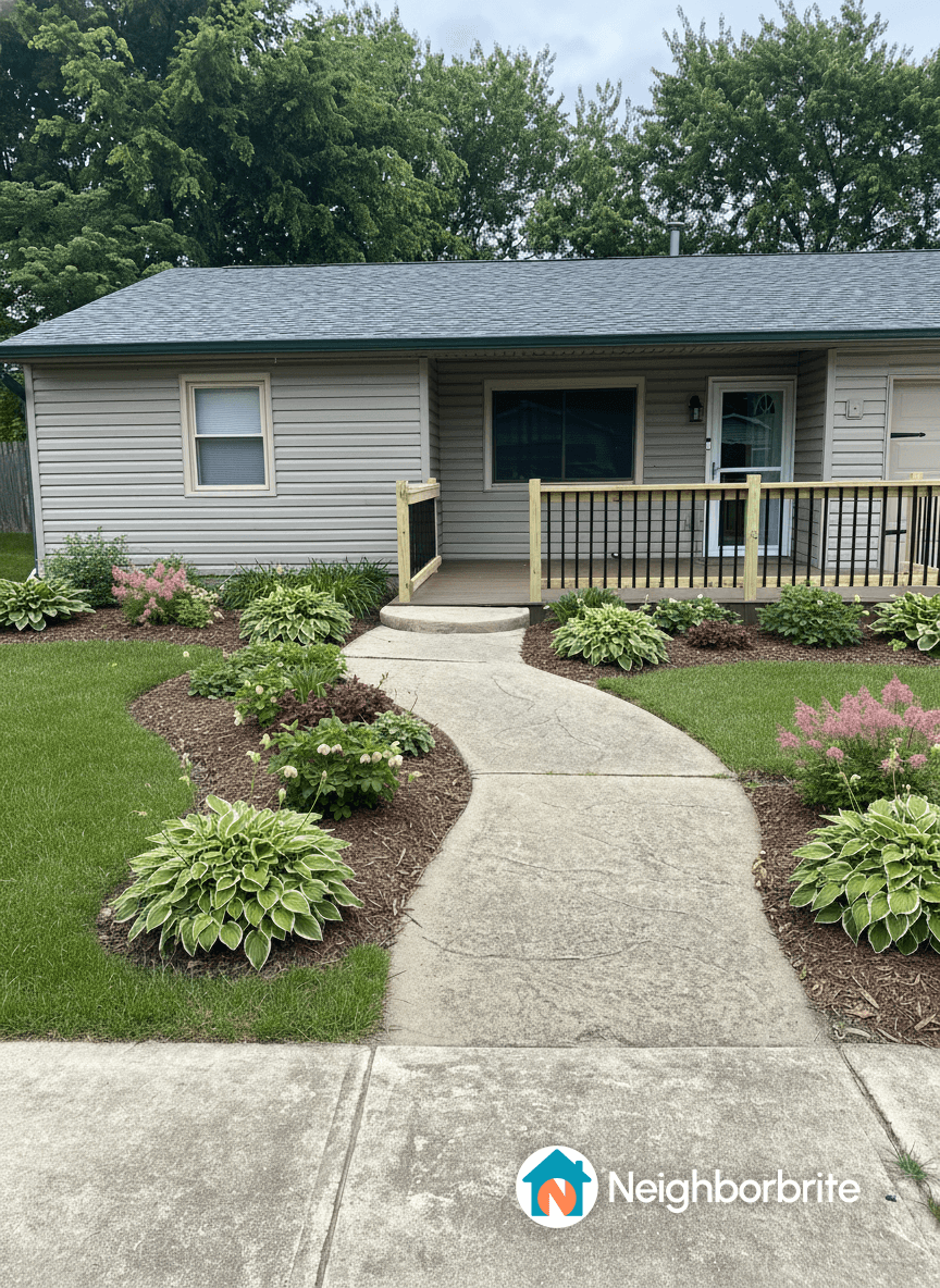 Front yard with a pathway and various plants, seeking plant recommendations.
