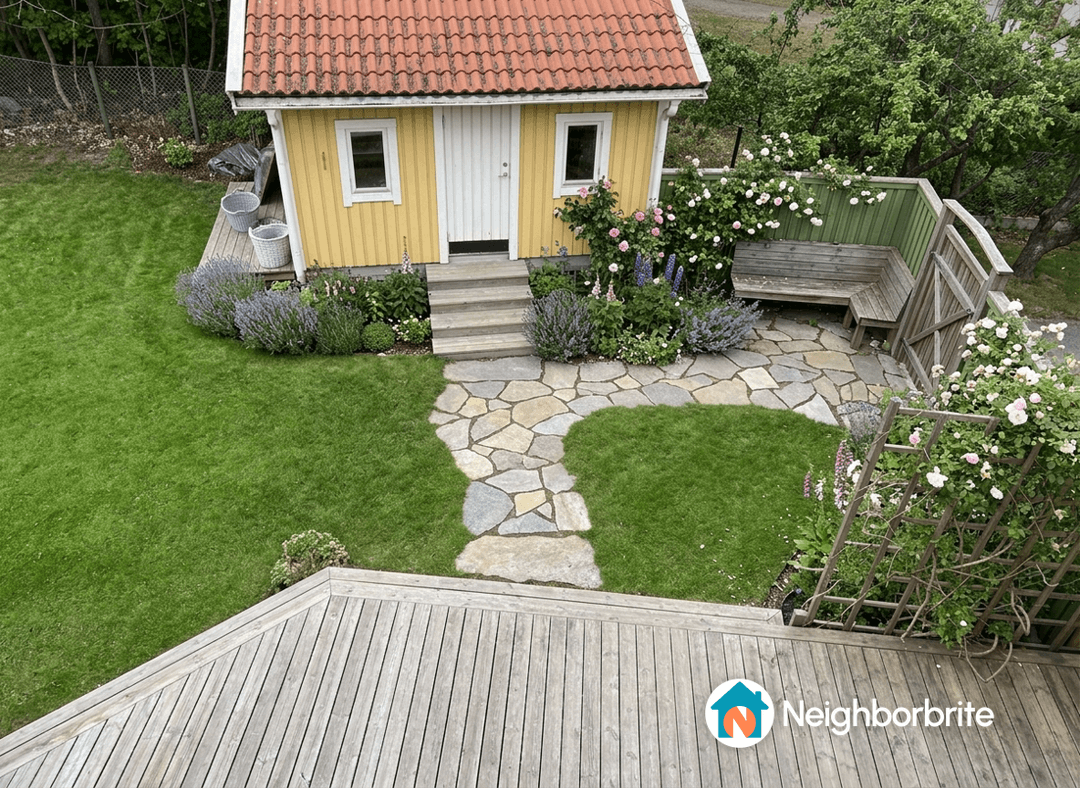 A garden with a yellow shed, stone paths, and lush greenery.