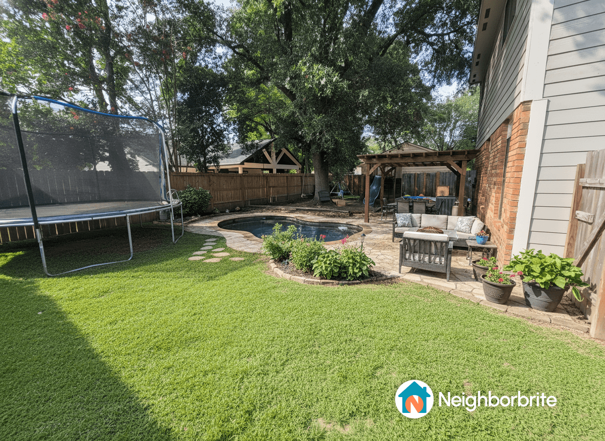 Backyard with a pool, trampoline, and seating areas.