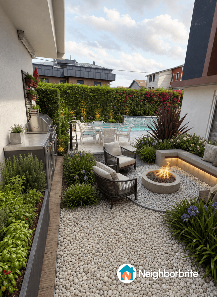 A modern backyard with seating, fire pit, and pool area.