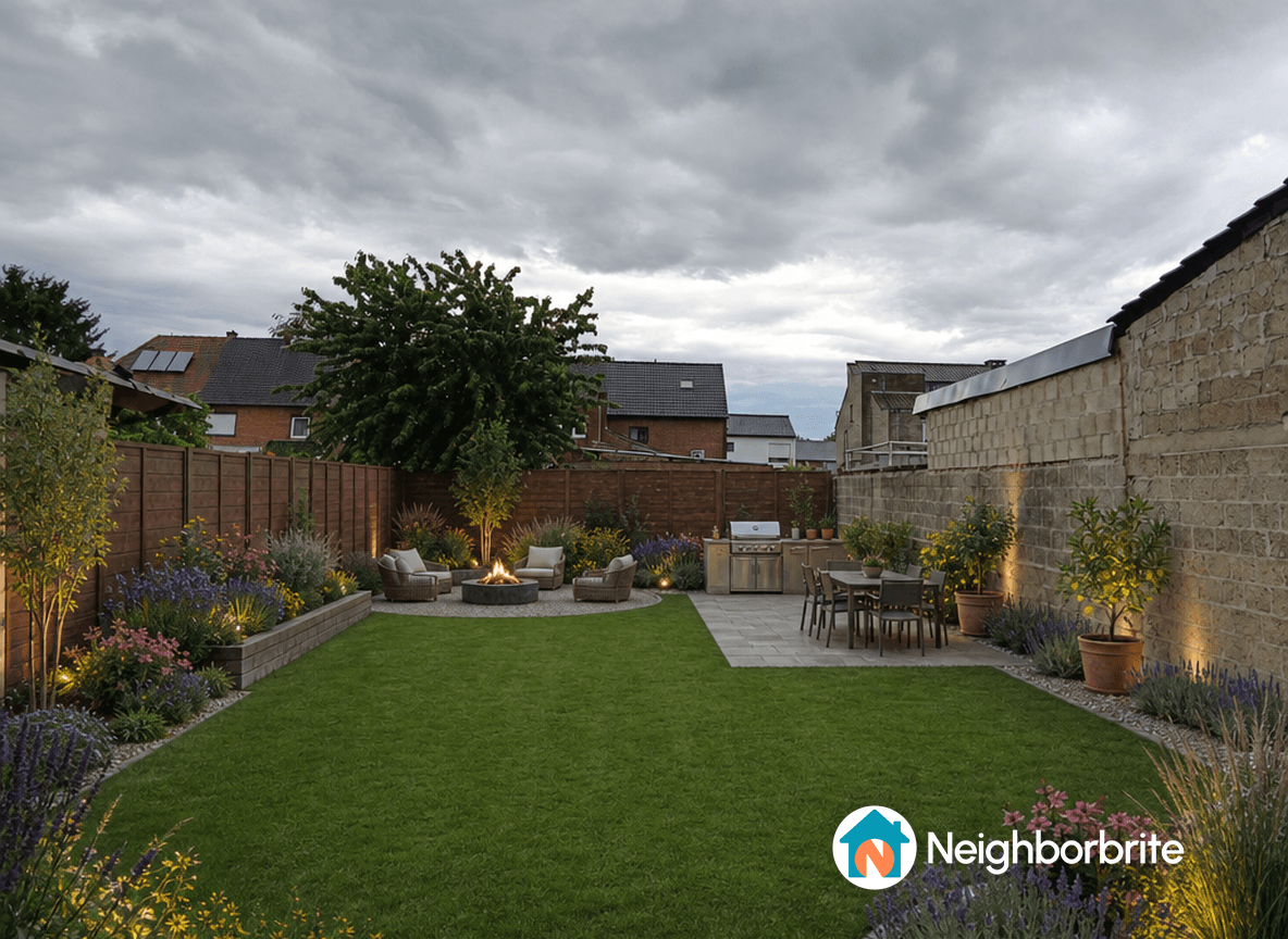 A beautifully landscaped backyard with seating, fire pit, and greenery.