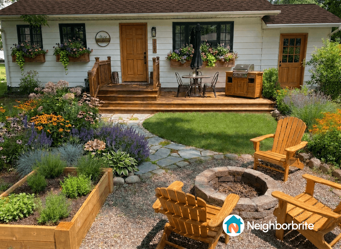 A front yard with flowers, a wooden deck, and a suggestion for a hello sign next to the garage door.