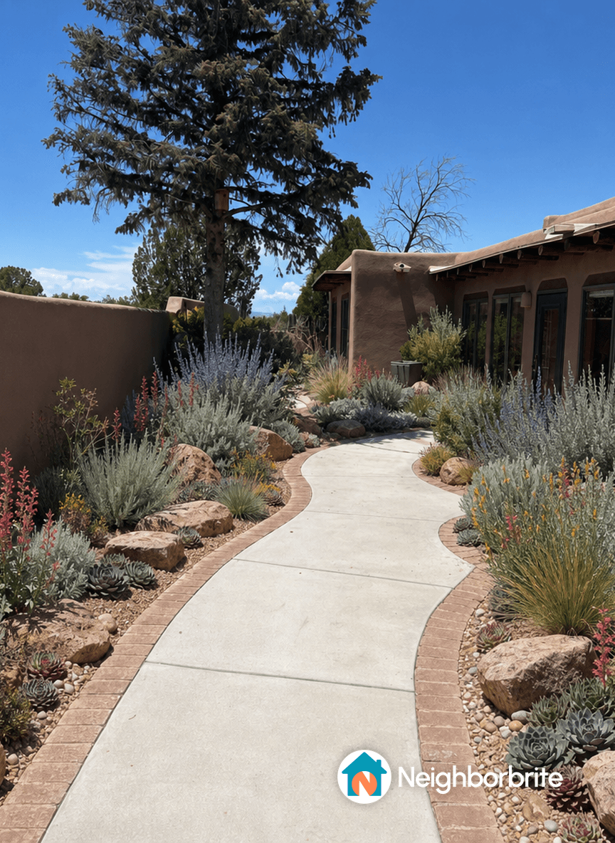 A landscaped pathway with various plants and rocks.