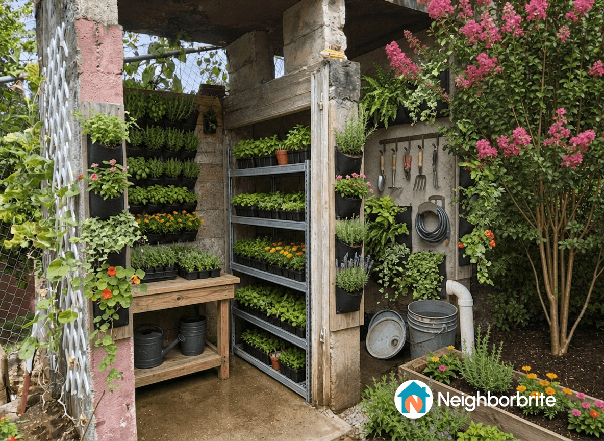 A well-organized garden shed with various plants and gardening tools.