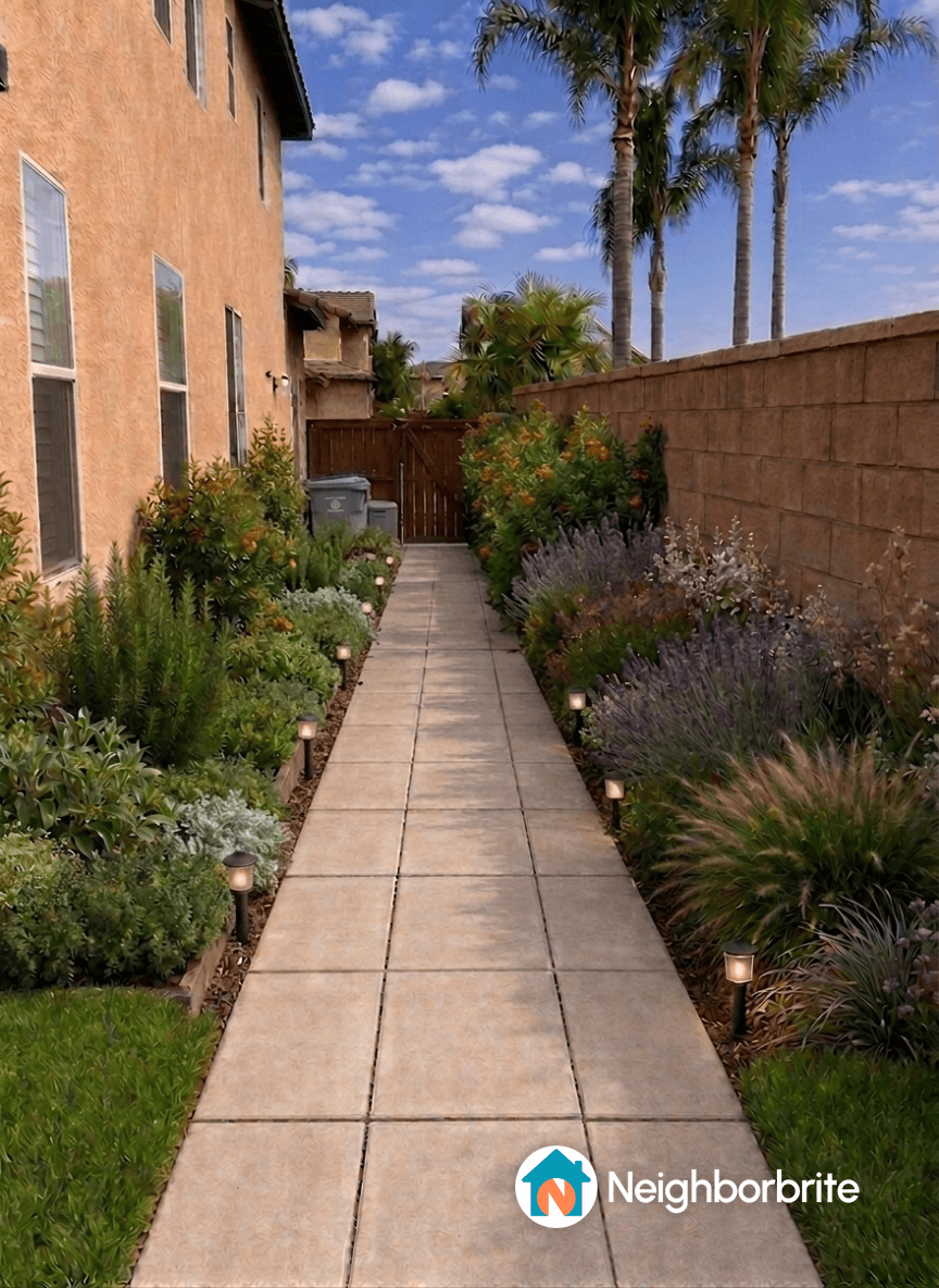 A landscaped side yard with a pathway, plants, and lighting.