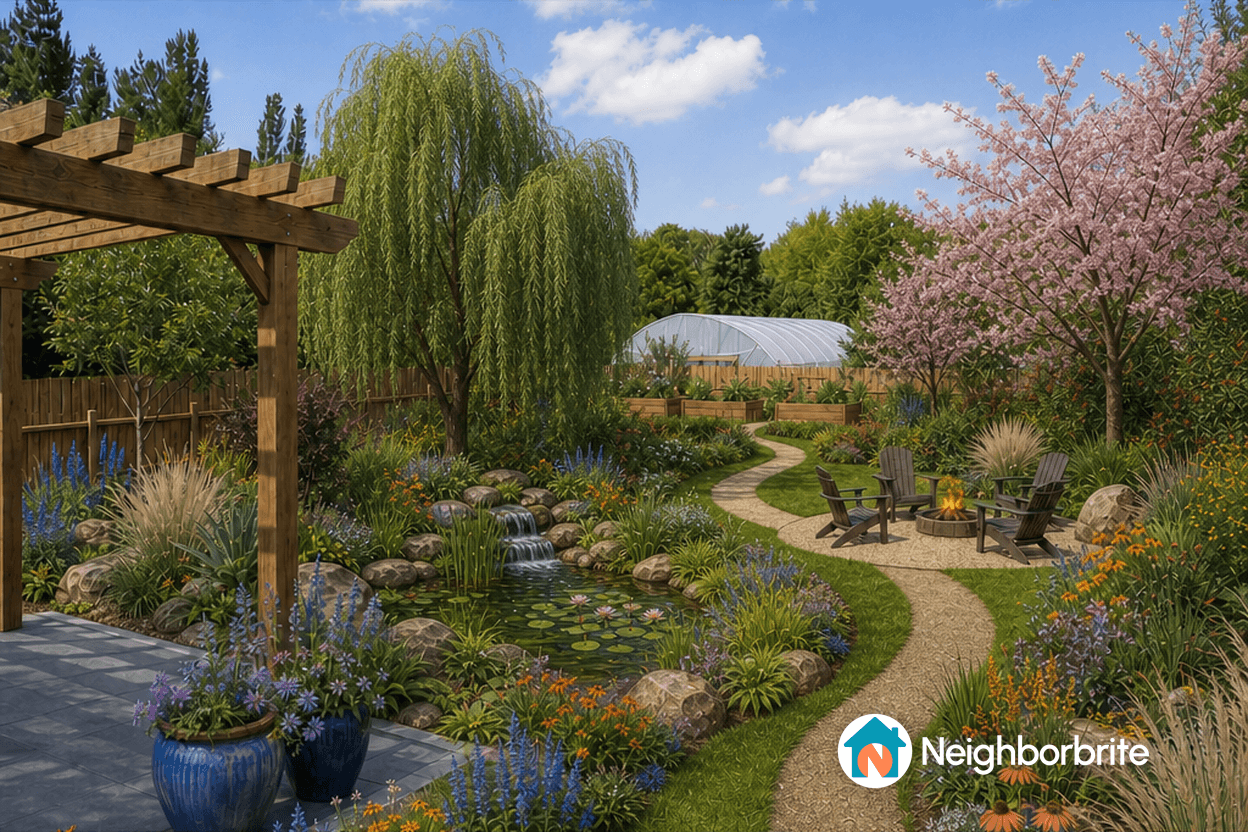 Beautiful landscaped garden with a pond, flowers, and seating area.